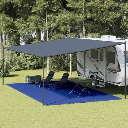 vidaXL tenttapijt 400x700 cm in blauw, geplaatst onder een caravanluifel met stoelen.