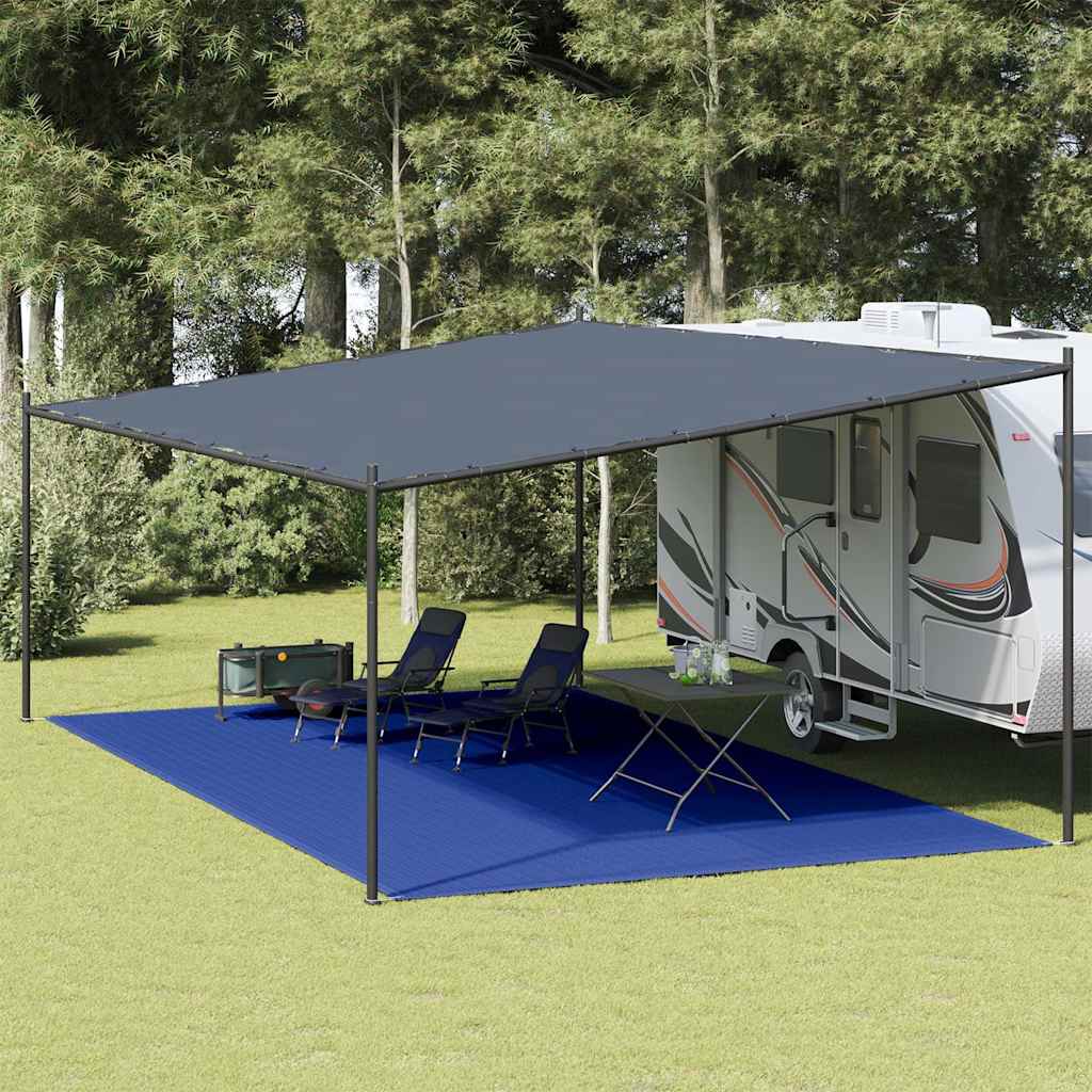 Blauw vidaXL tenttapijt van 400x800 cm onder een caravanluifel met stoelen en tafel.