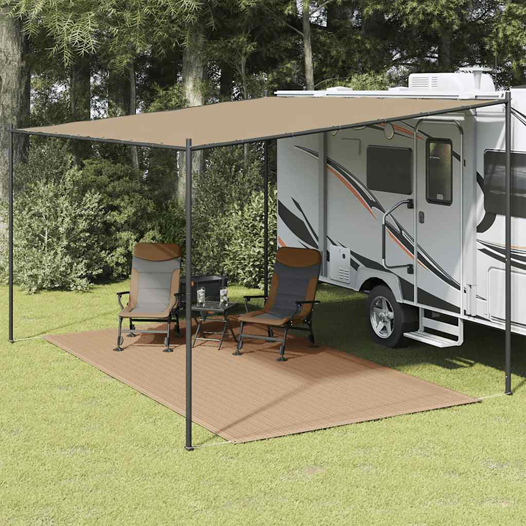 Tenttapijt vidaXL 200x400 cm taupe onder een caravanluifel met stoelen en tafel.
