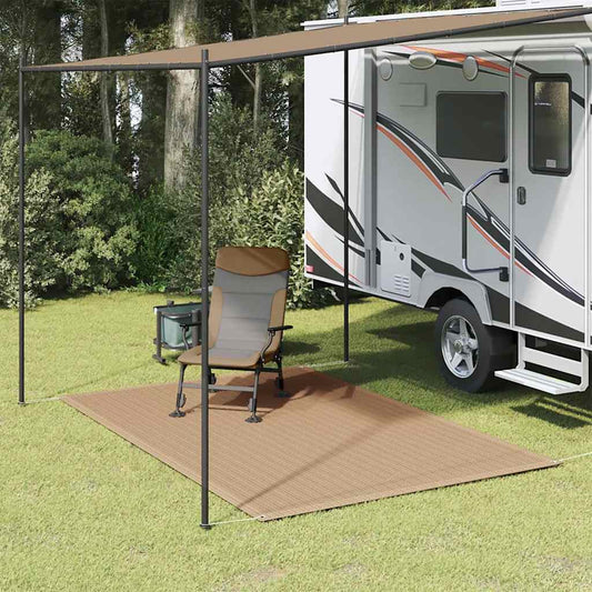 Tenttapijt vidaXL 250x200 cm taupe onder een caravanluifel met een stoel erop.