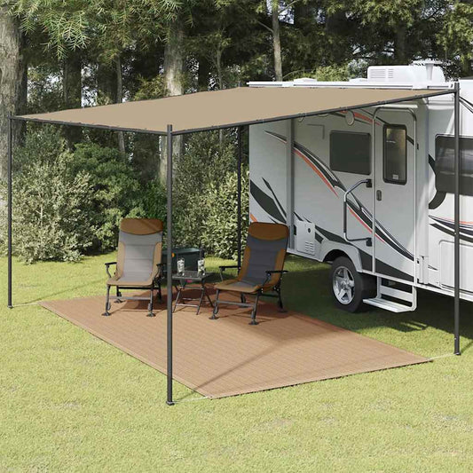 Tenttapijt vidaXL 250x350 cm taupe onder een caravanluifel met twee stoelen en een tafeltje.