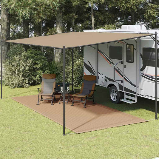 Tenttapijt vidaXL 250x500 cm taupe onder een caravanluifel met stoelen en tafel.