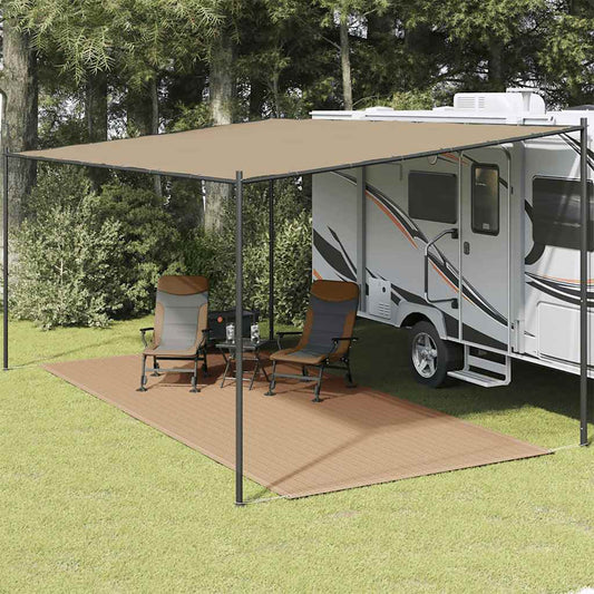 Tenttapijt vidaXL 250x600 cm taupe onder een caravanluifel, ideaal voor buitengebruik.