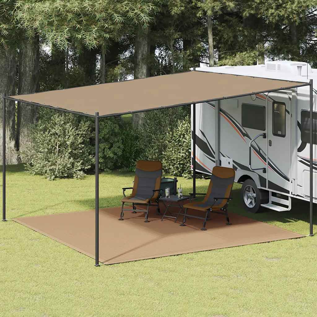 Tenttapijt vidaXL 400x400 cm taupe, geplaatst onder een caravanluifel met stoelen.