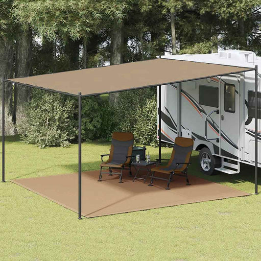 Tenttapijt vidaXL 400x400 cm taupe, geplaatst onder een caravanluifel met stoelen.