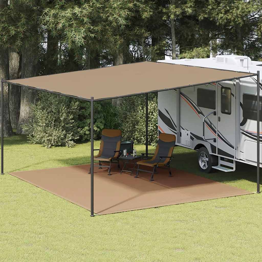 Tenttapijt vidaXL 400x500 cm taupe, geplaatst onder een caravanluifel met stoelen.