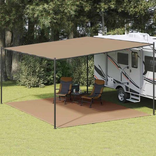 Tenttapijt vidaXL 400x500 cm taupe, geplaatst onder een caravanluifel met stoelen.