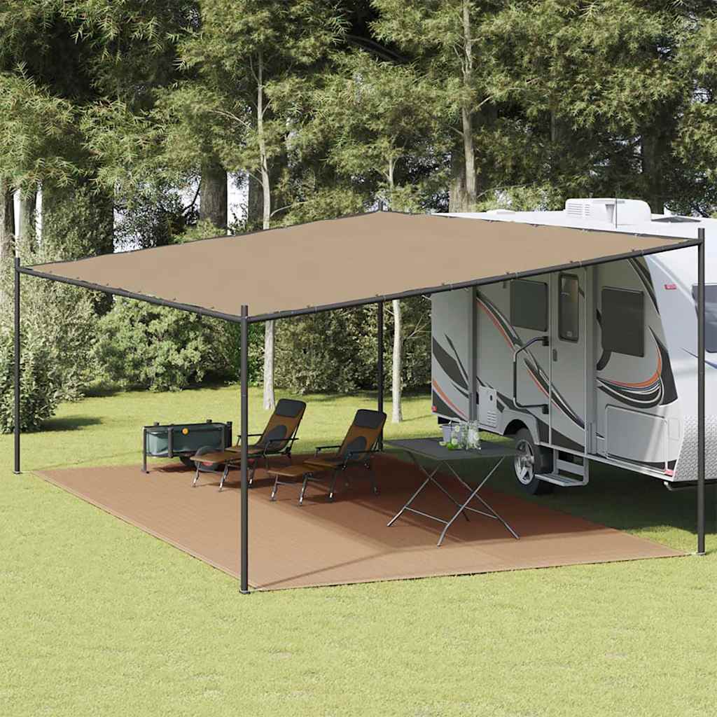 Tenttapijt vidaXL 400x600 cm taupe onder een caravanluifel met twee ligstoelen.