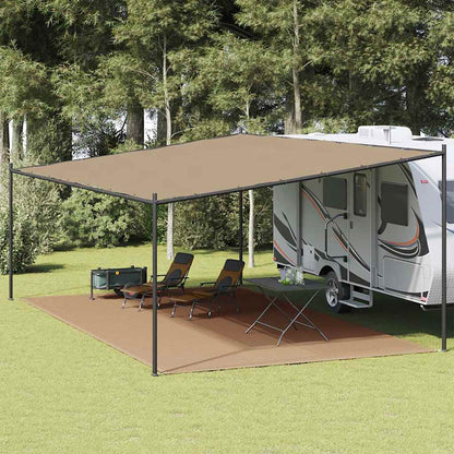 Tenttapijt vidaXL 400x600 cm taupe onder een caravanluifel met twee ligstoelen.