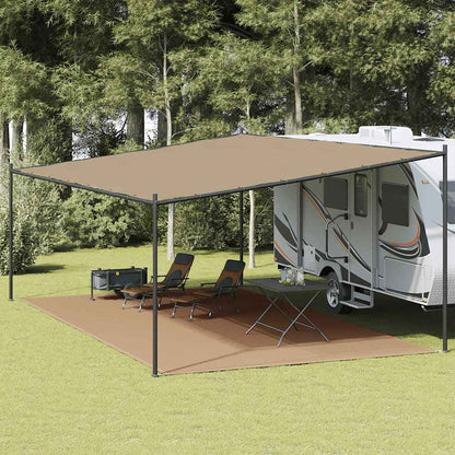 Tenttapijt vidaXL 400x700 cm taupe onder een caravanluifel met stoelen en tafel.