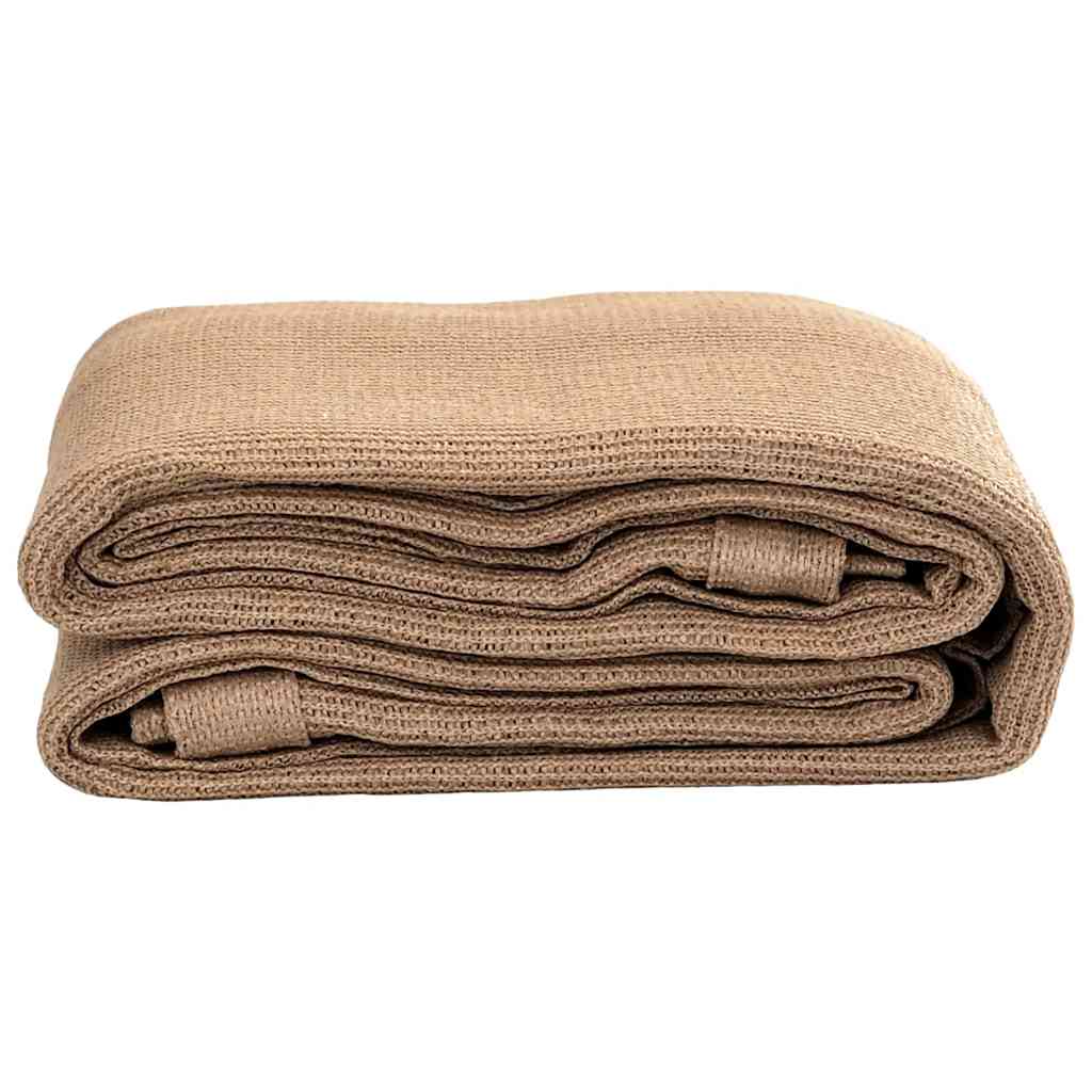 Opgevouwen taupe vidaXL tenttapijt van HDPE, met praktische bevestigingsogen.
