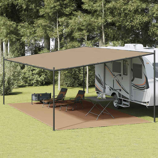 Tenttapijt vidaXL 400x800 cm taupe onder een caravanluifel met stoelen en tafel.