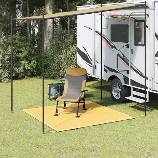 Beige vidaXL tenttapijt van 200x200 cm onder een caravanluifel met een stoel erop.