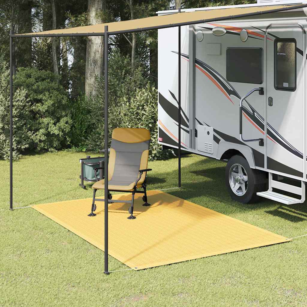Beige vidaXL tenttapijt van 200x300 cm, geplaatst onder een caravanluifel met een stoel erop.