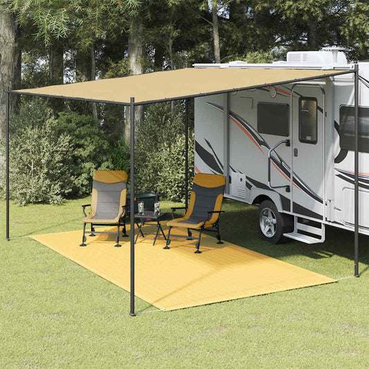 Beige vidaXL tenttapijt van 200x400 cm onder een caravanluifel met stoelen.