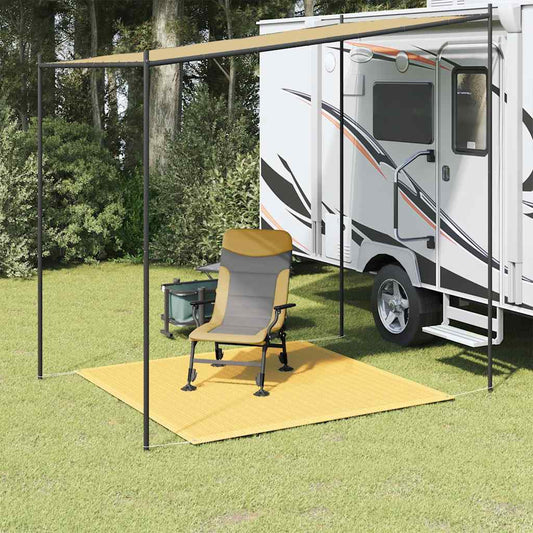 Beige vidaXL tenttapijt van 250x250 cm onder een caravanluifel met stoel en tafel.