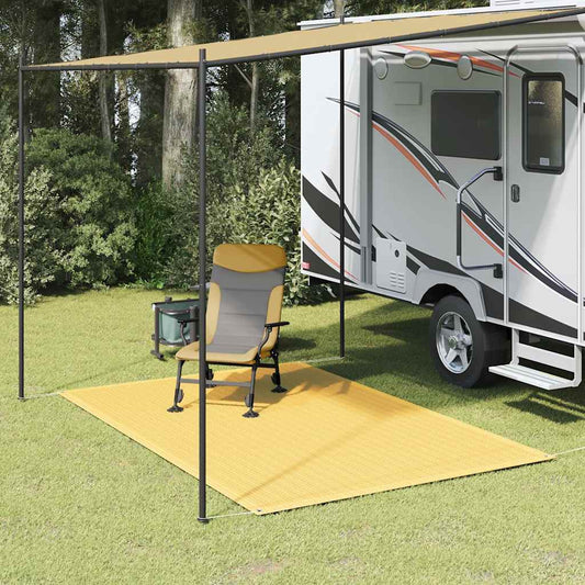 Beige vidaXL tenttapijt van 250x300 cm onder een caravanluifel met stoel.