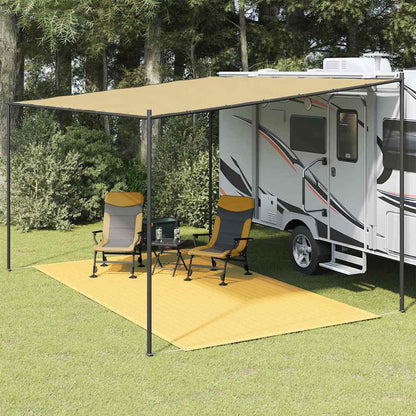 Beige vidaXL tenttapijt 250x450 cm onder een caravanluifel met stoelen en tafel.