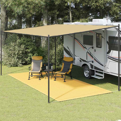 Beige vidaXL tenttapijt 250x500 cm onder een caravanluifel met stoelen.