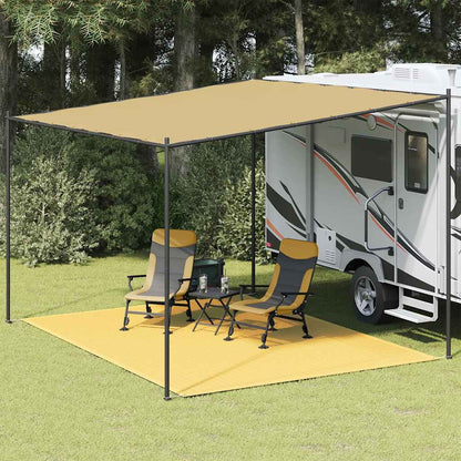 Beige vidaXL tenttapijt van 300x400 cm onder een caravanluifel met stoelen.