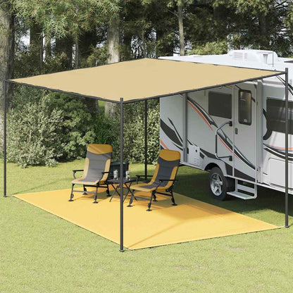Beige vidaXL tenttapijt van 300x500 cm onder een luifel bij een caravan.