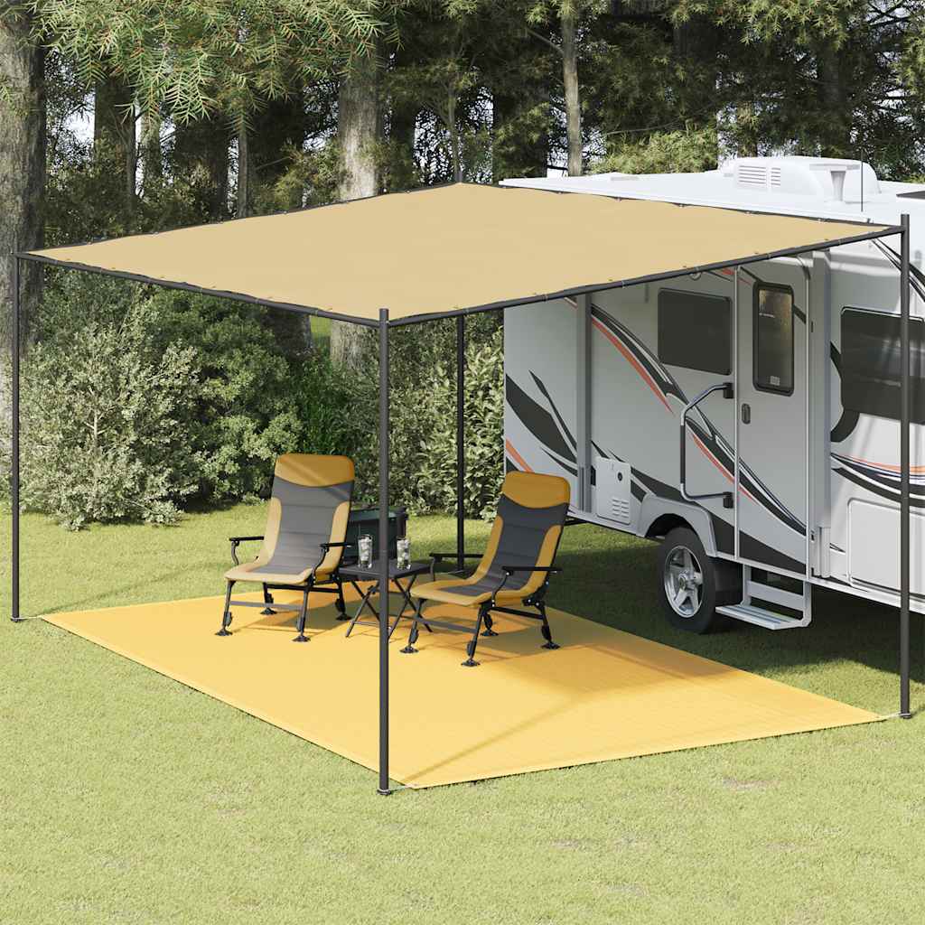 Beige vidaXL tenttapijt van 300x600 cm onder een caravanluifel met stoelen.