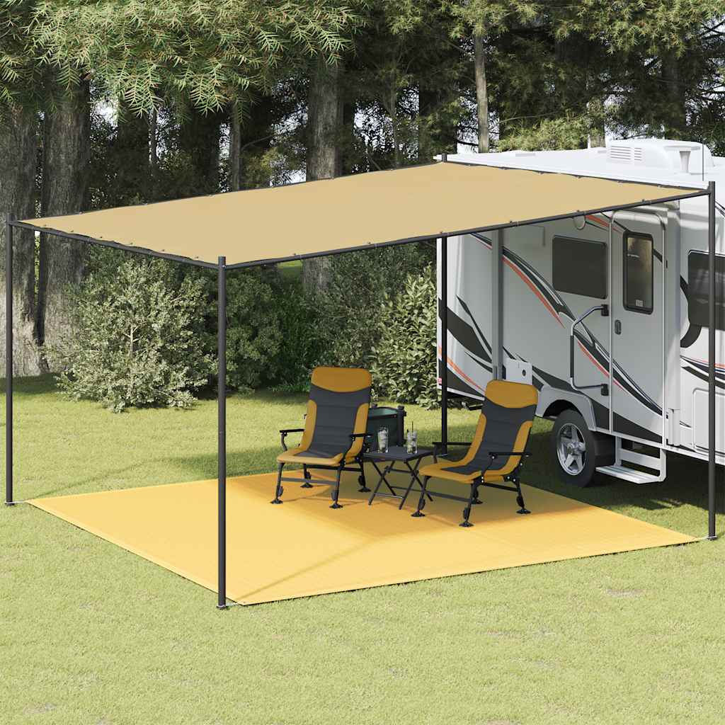 Beige vidaXL tenttapijt van 400x400 cm onder een caravanluifel met stoelen.