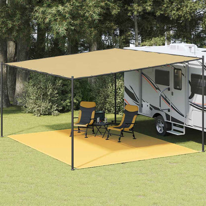 Beige vidaXL tenttapijt van 400x500 cm onder een caravanluifel met stoelen.