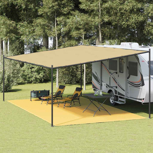 Beige vidaXL tenttapijt van 400x600 cm onder een caravanluifel in een groene omgeving.