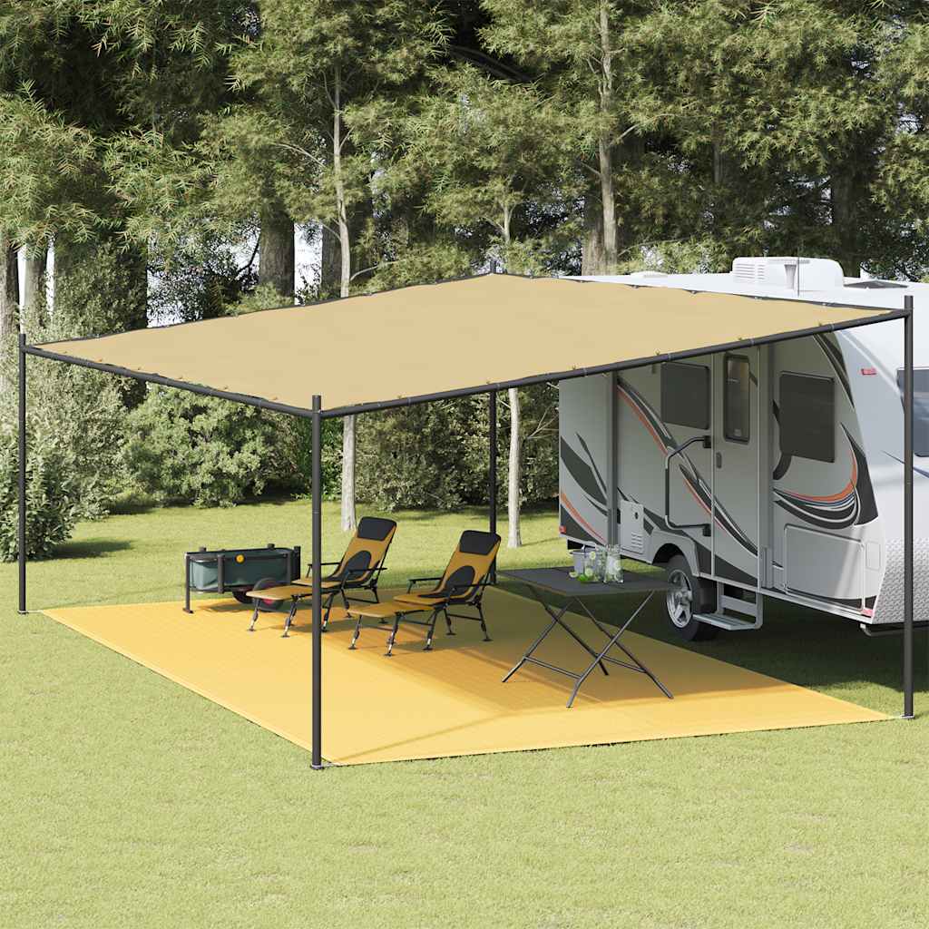 Beige vidaXL tenttapijt van 400x800 cm onder een caravanluifel in een groene omgeving.
