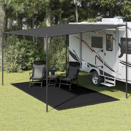Zwart vidaXL tenttapijt van 250x450 cm onder een caravanluifel met stoelen.