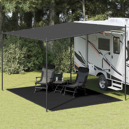 Zwart vidaXL tenttapijt van 300x400 cm onder een caravanluifel met stoelen.
