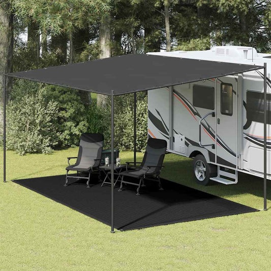 Zwart vidaXL tenttapijt van 300x600 cm onder een caravanluifel met stoelen.