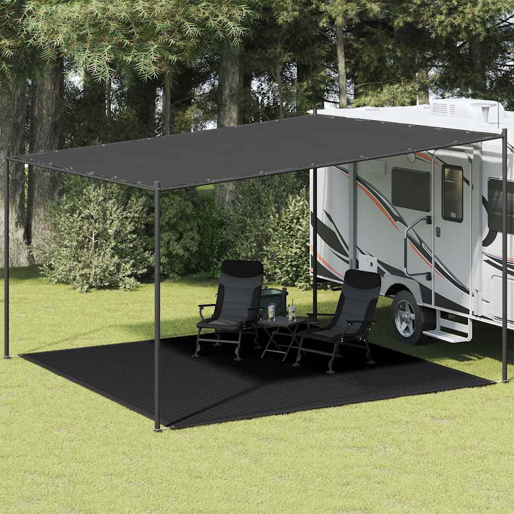 Zwart vidaXL tenttapijt van 400x400 cm onder een luifel met twee stoelen.