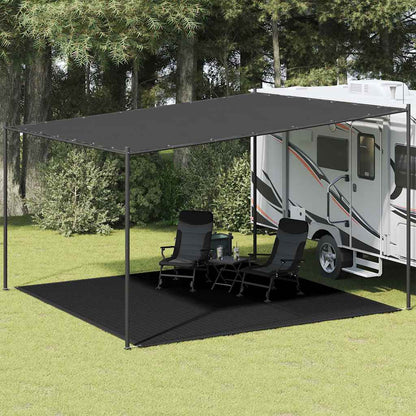 Zwart vidaXL tenttapijt van 400x400 cm onder een luifel met twee stoelen.