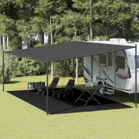 Zwart vidaXL tenttapijt 400x600 cm onder een caravanluifel met stoelen.