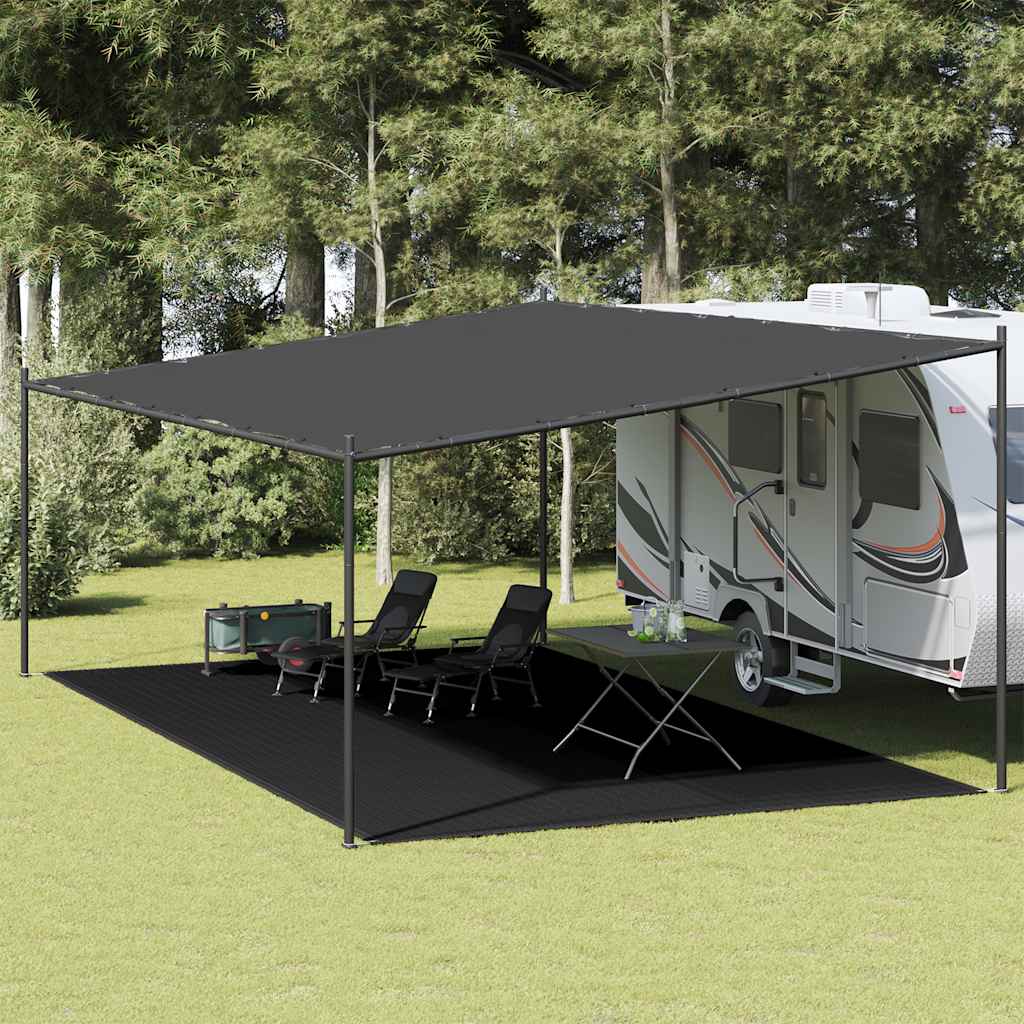 Zwart vidaXL tenttapijt van 400x700 cm onder een luifel bij een camper in de natuur.