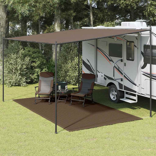 Bruin vidaXL tenttapijt van 200x400 cm onder een luifel bij een camper.