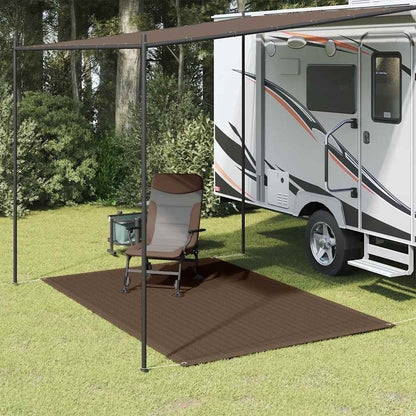 Bruin vidaXL tenttapijt van 250x200 cm, geplaatst onder een caravanluifel met een stoel erop.