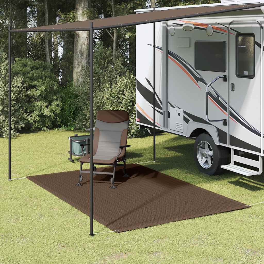 Bruin vidaXL tenttapijt 250x350 cm onder een caravanluifel met een stoel erop.