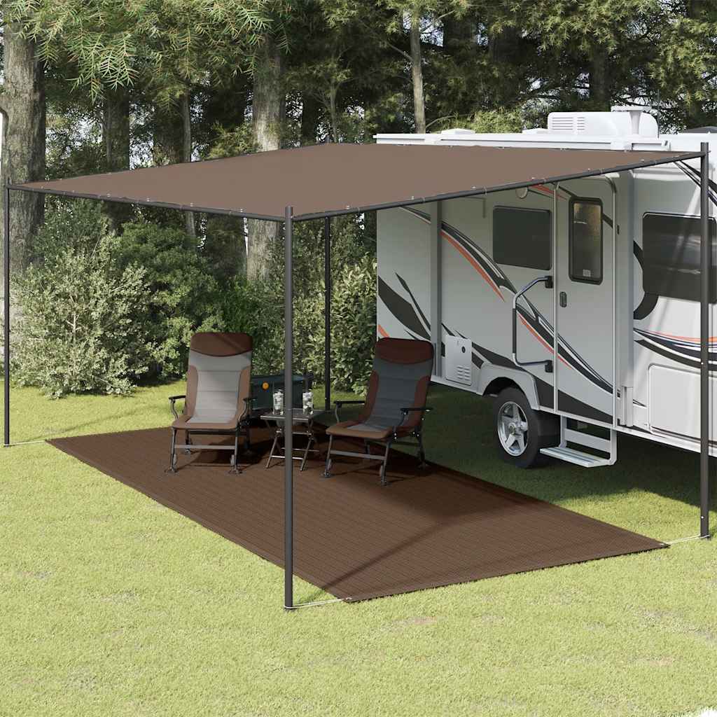 Bruin vidaXL tenttapijt 250x550 cm onder caravanluifel met stoelen en tafel.