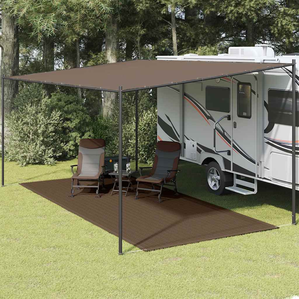 Bruin vidaXL tenttapijt van 250x600 cm onder een luifel bij een caravan.