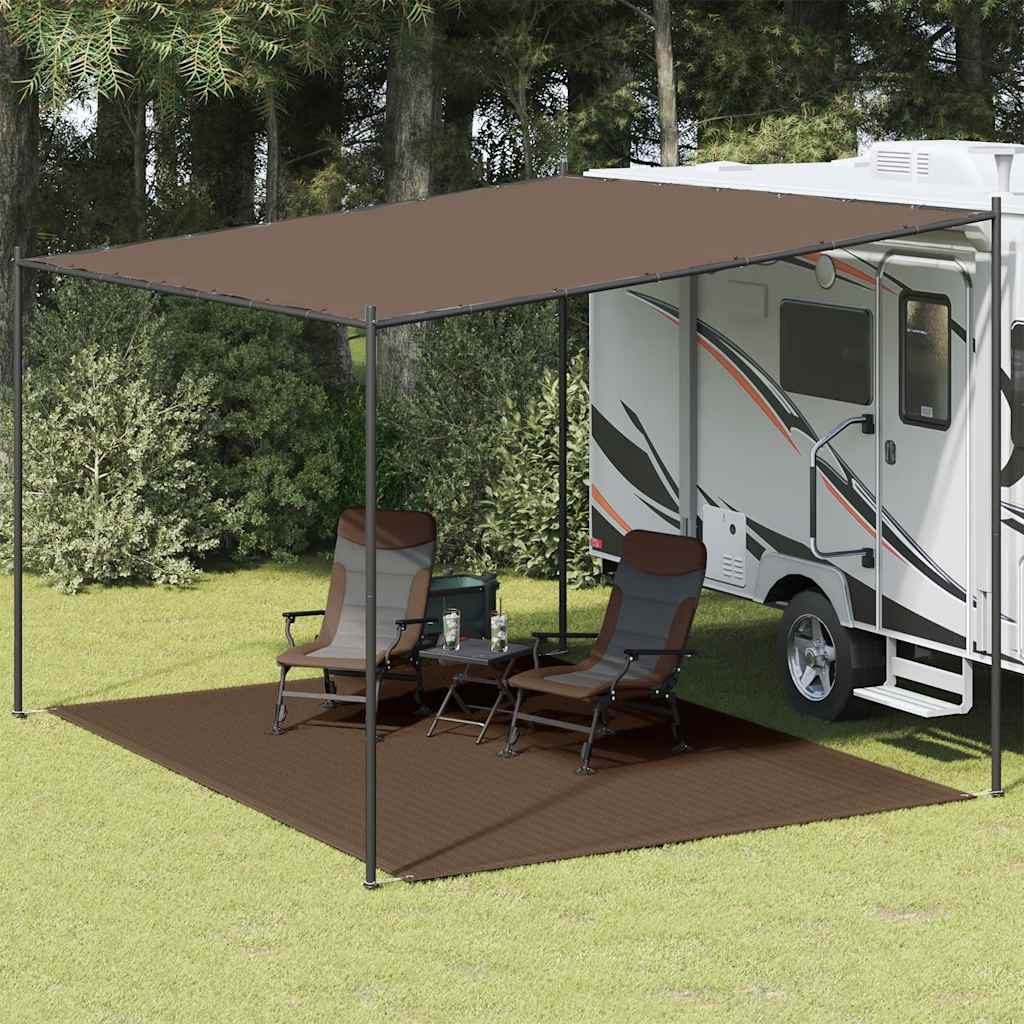 Bruin vidaXL tenttapijt 300x400 cm, geplaatst onder een caravanluifel met stoelen en tafel.