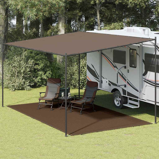 vidaXL tenttapijt 300x500 cm bruin onder een caravanluifel met stoelen en tafel.