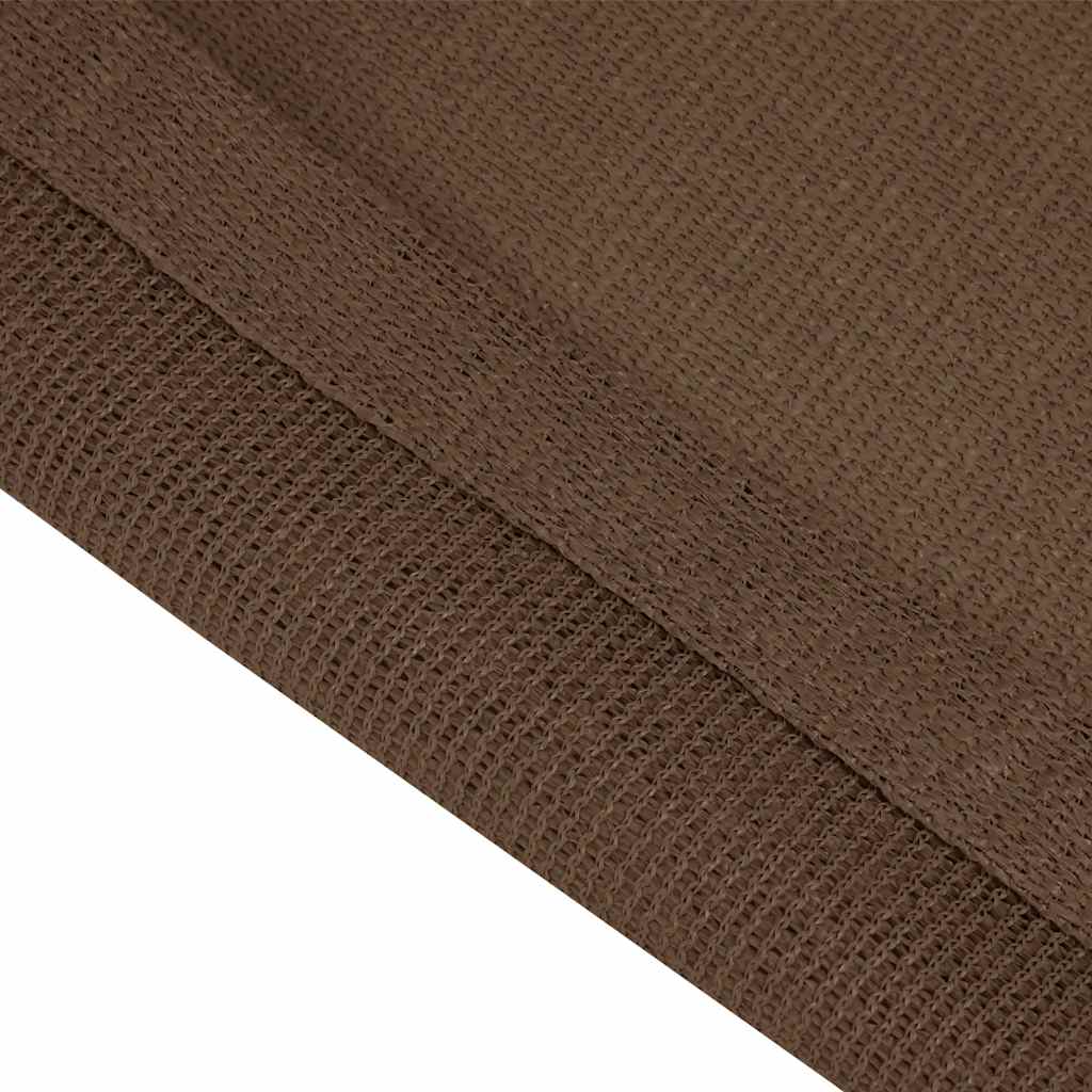 Detail van het ademende polyethyleen tenttapijt van vidaXL in bruin, close-up van de rand.