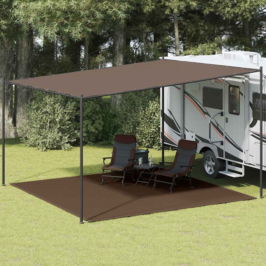 vidaXL tenttapijt 400x400 cm bruin, weerbestendig, geplaatst onder een luifel bij een camper.