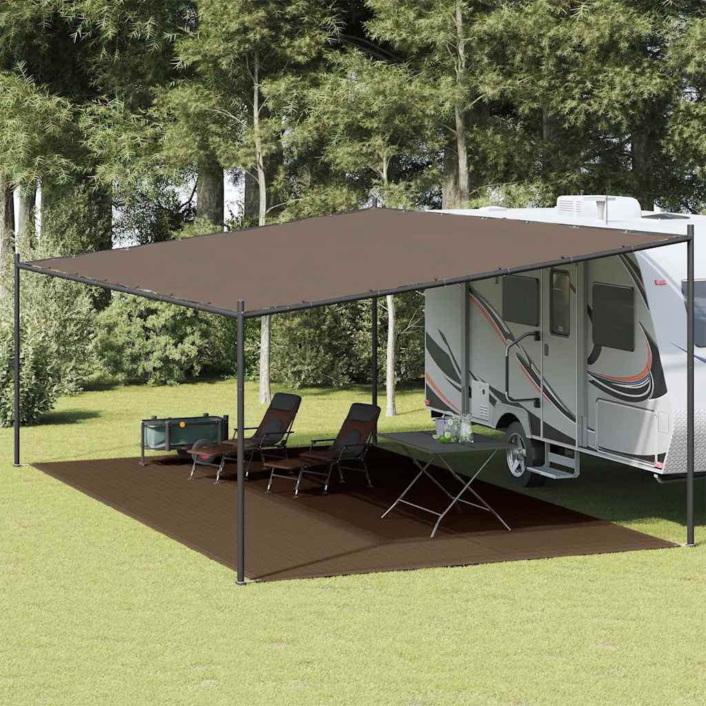 vidaXL tenttapijt 400x700 cm in bruin, geplaatst onder een caravanluifel op gras.