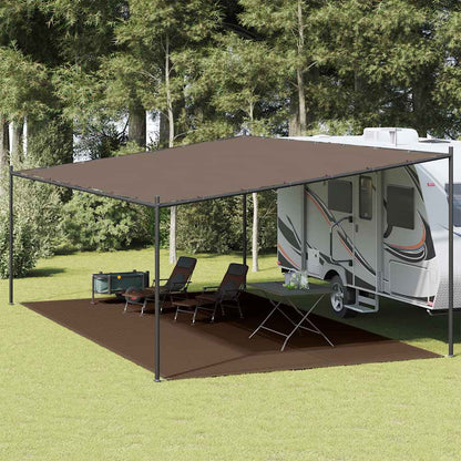 Tenttapijt vidaXL 400x800 cm bruin onder een luifel bij een caravan in de natuur.
