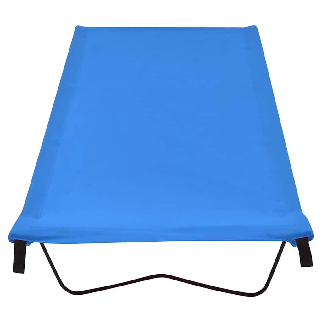 Zijaanzicht van het blauwe vidaXL campingbed met stevige stalen constructie.