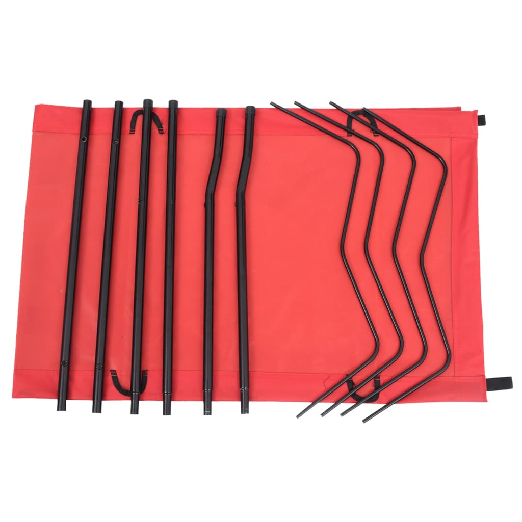 Detail van de zwarte stalen frameonderdelen van het vidaXL campingbed op een rode ondergrond.